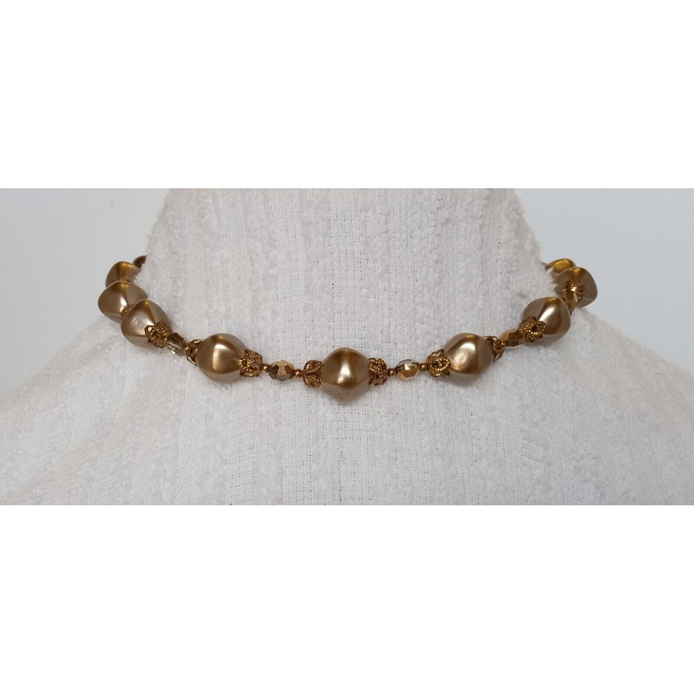 Vintage Bronze Faux Pearl & Aurora Borealis Beaded Choker Necklace 13-15 in